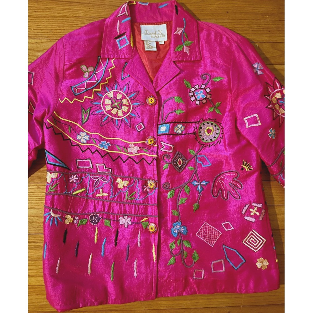 Vintage Daniel K New York Hot Pink Granny Chic Embroidered Silk Jacket Women S